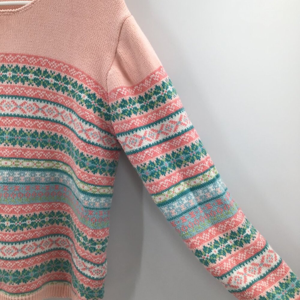 Vintage Womens 1990s Fair Isles Nordic Christmas Sweater Pink Green Cotton Soft - Picture 6 of 11